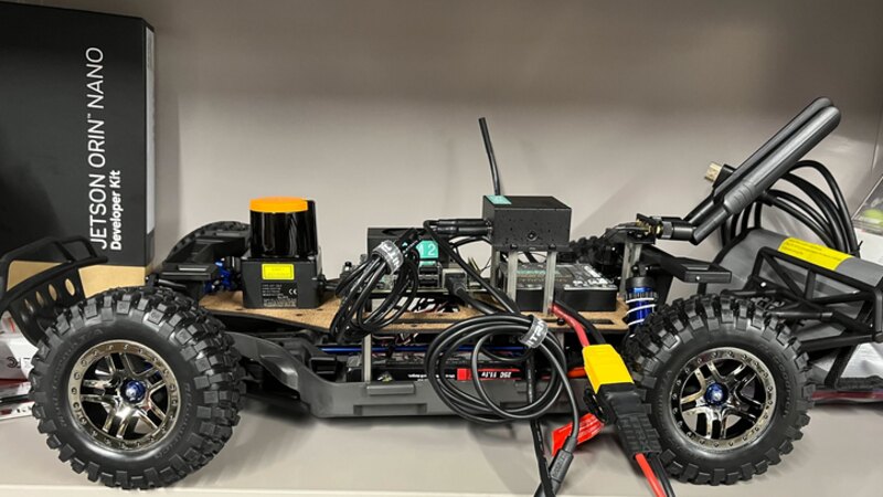 The team's race car with a lidar and an NVIDIA Jetson Orin Nano computer.